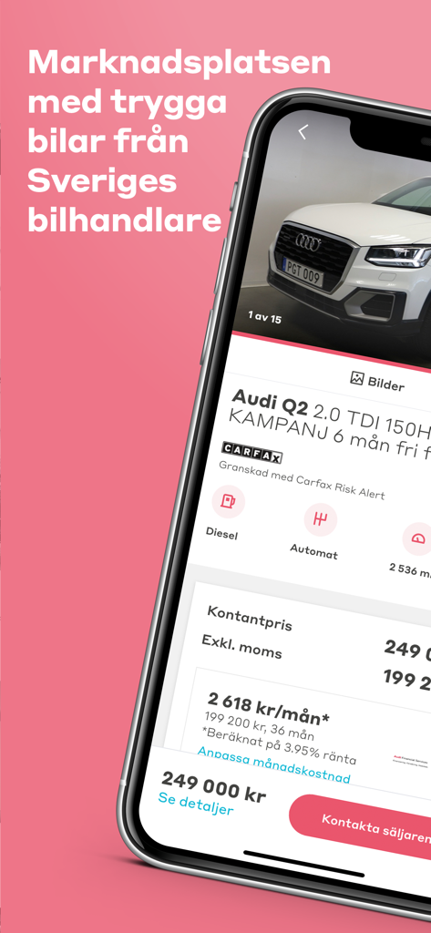 Wayke mobile app screen displaying a used Audi Q2 listing with price details and Carfax verification badge.