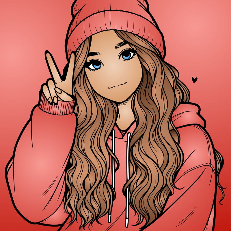 a teenage girl in a beanie, oversized sweatshirt, wavy long hair, and is showing a ✌️