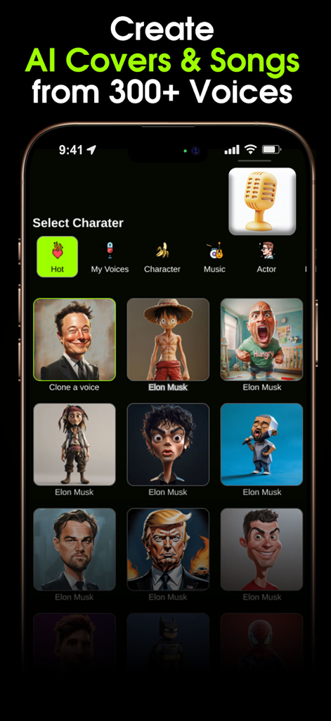 Zuka app interface showing a grid of celebrity and character voices available for creating AI music covers
