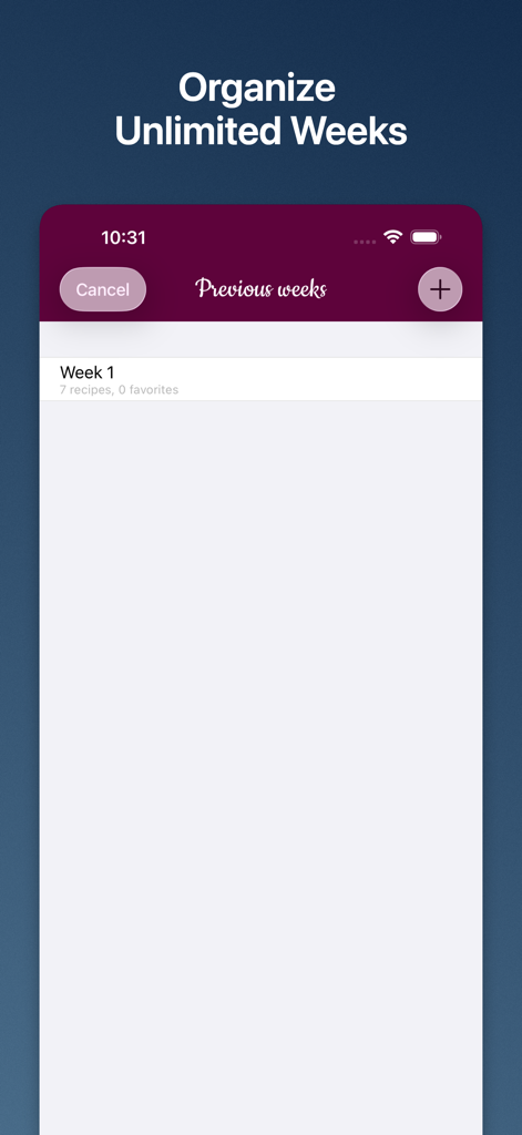 Weekly Chefs - Meal planner - Weekly Chefs app interface showing a list of previous meal planning weeks and organized recipes.