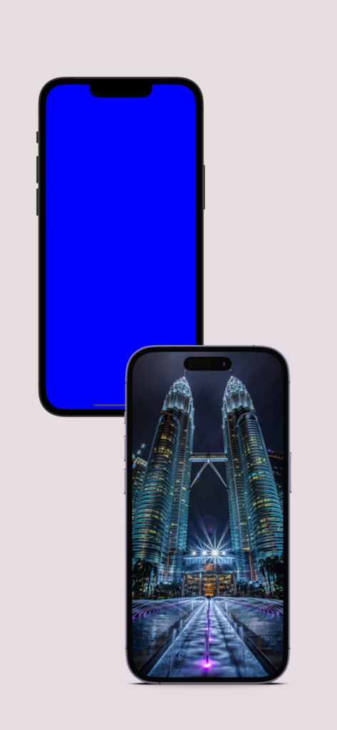 Green Screen & Blue Screen App - Dos iPhones, uno mostrando un fondo azul sólido de chroma key y el otro mostrando una foto de un paisaje urbano