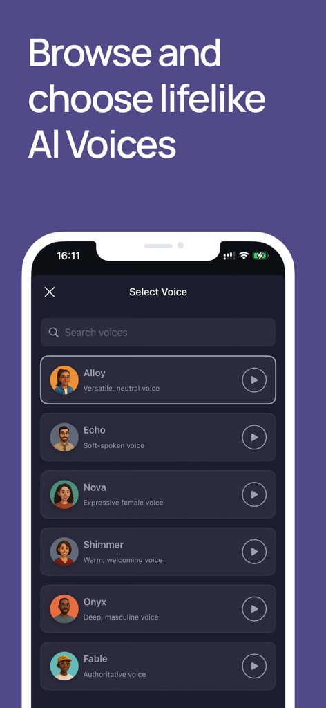 Turn Text to Voice - Voicify - Voicify app screen showing a list of lifelike AI voice options with descriptions and avatars.