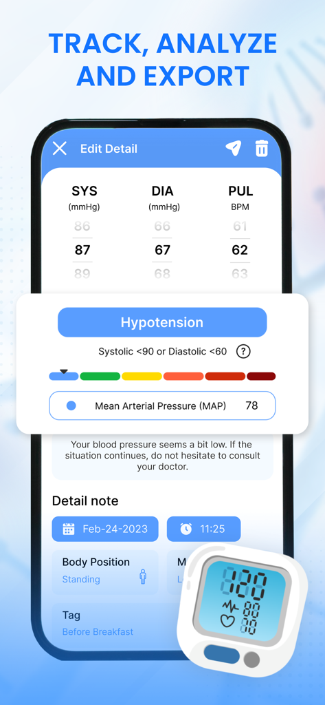 BMP: Blood Pressure Tracker - Pantalla de la aplicación BMP que muestra la entrada de datos de presión arterial para sistólica, diastólica y pulso con una advertencia de hipotensión.