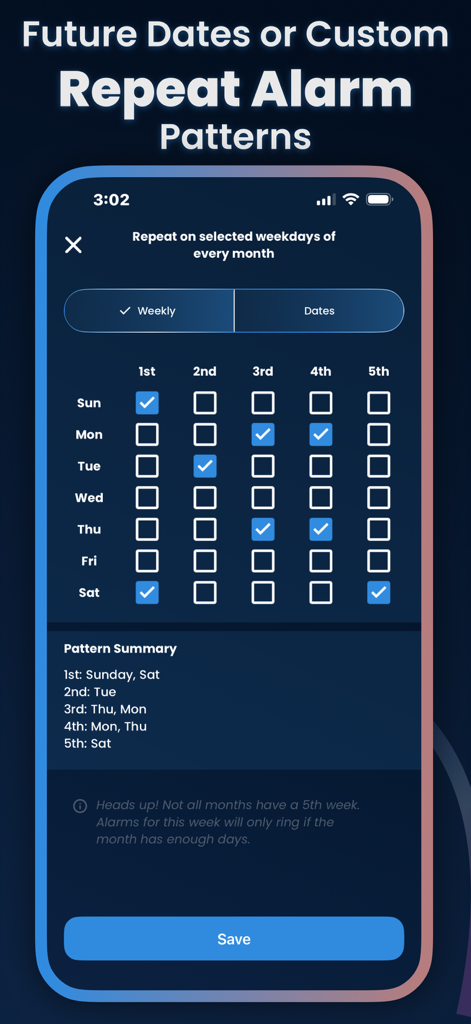 Alarm Clock Svegliare - Interface of Svegliare alarm clock app showing custom repeat patterns for setting alarms on specific weekdays of the month