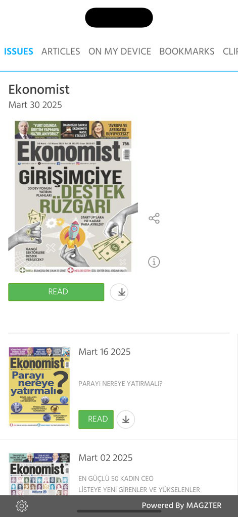 Ekonomist - Digital newsstand view of the Ekonomist app showing a list of weekly magazine issues with covers and read buttons