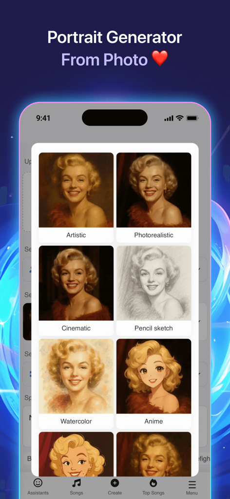 Songly app portrait generator interface showing different AI styles like Artistic Cinematic and Anime