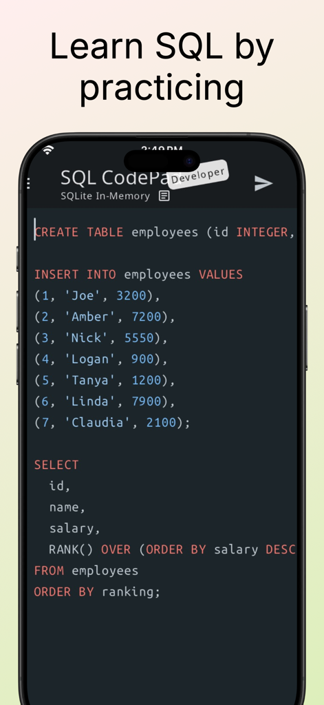 SQL Database Manager DB Client - Tela do aplicativo móvel mostrando um editor de código SQL com realce de sintaxe para praticar consultas de banco de dados