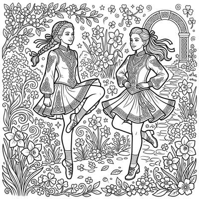 Immerse yourself in the vibrant spirit of spring with this delightful Irish Stepdance coloring page. Featuring elegant dancers amidst a garden blooming with daffodils and shamrocks, it's a perfect blend of culture and nature.