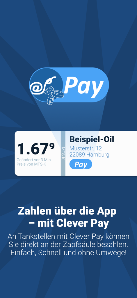 Mobile payment screen for the clever-tanken app showing the Clever Pay feature for fuel