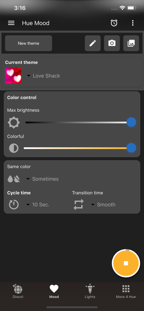 Hue Disco - Hue Disco app interface showing mood settings for Philips Hue lights including brightness and transition time