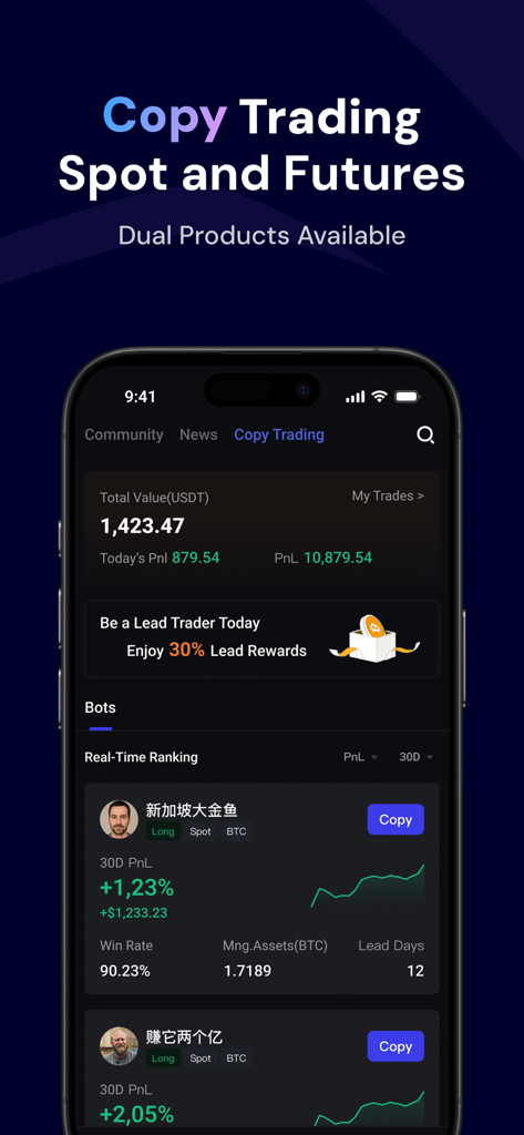BitKan: Buy Bitcoin & Crypto - Pantalla de la aplicación BitKan que muestra opciones de copy trading para spot y futuros con clasificaciones de traders principales