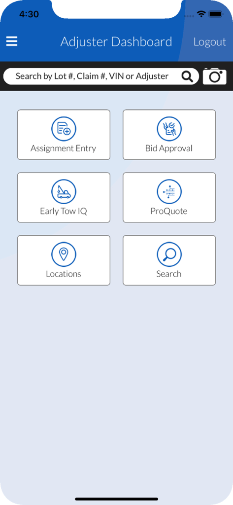 Adjuster Dashboard of the Copart Seller app showing navigation tiles for Assignment Entry, Bid Approval, Early Tow IQ, and ProQuote.