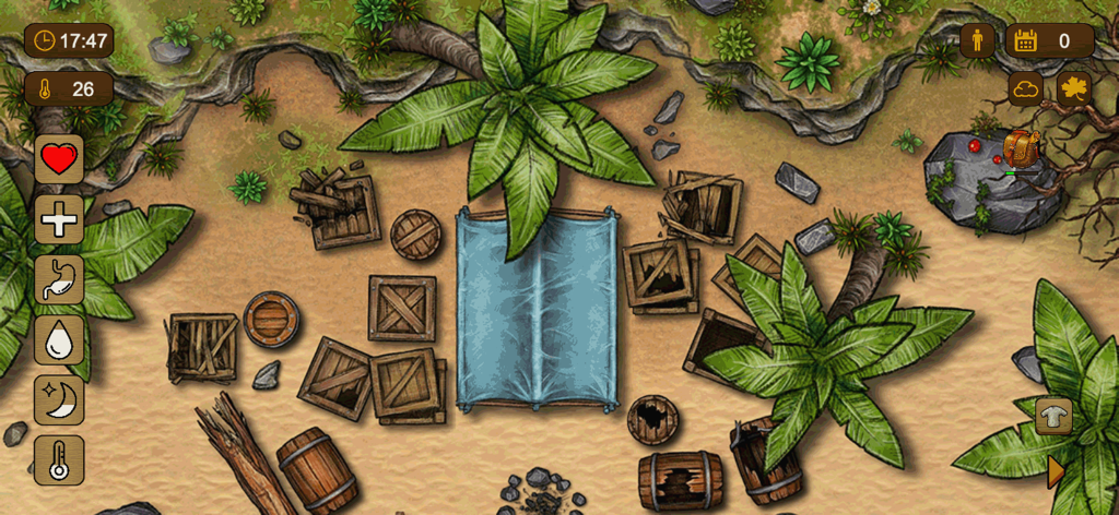 Island Story: 100 Days - Top-down view of a survival base camp on a desert island with a blue tent and wooden crates