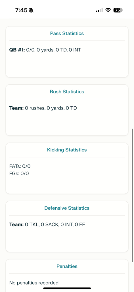 Football Stat Tracker Pro - Tableau de bord montrant les catégories de statistiques de match de football, y compris les statistiques de passe, de course, de coup de pied et défensives