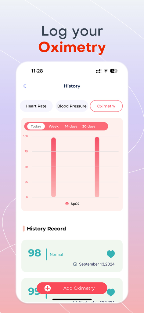 Mobile app interface showing oximetry history records with an SpO2 levels chart and an add oximetry button.