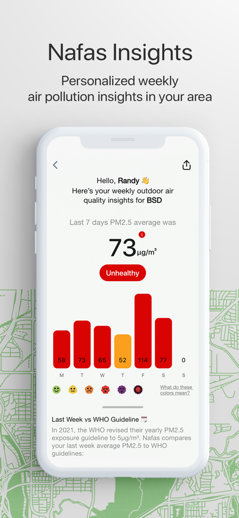 Pantalla de la aplicación Nafas Indonesia que muestra un informe semanal de calidad del aire con datos de PM2.5.