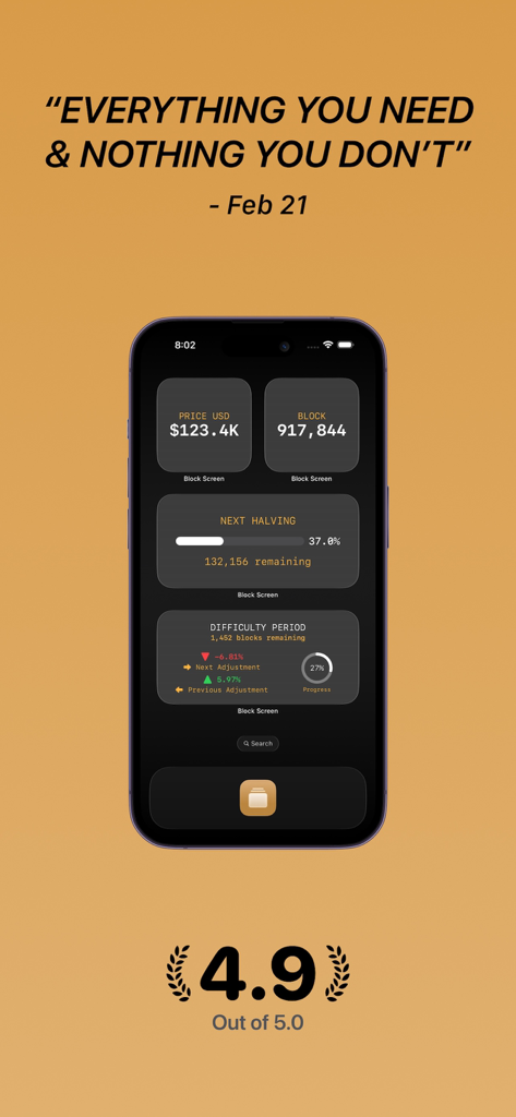 Block Screen: Bitcoin Widgets - Pantalla de inicio de iPhone mostrando widgets de Bitcoin para precio, altura de bloque, halving y dificultad de minería con una calificación de 4.9 estrellas