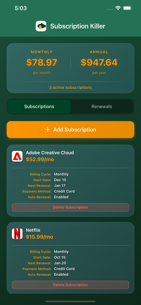 Subscription Killer - Subscription Killer app dashboard showing monthly and annual subscription costs and active service details