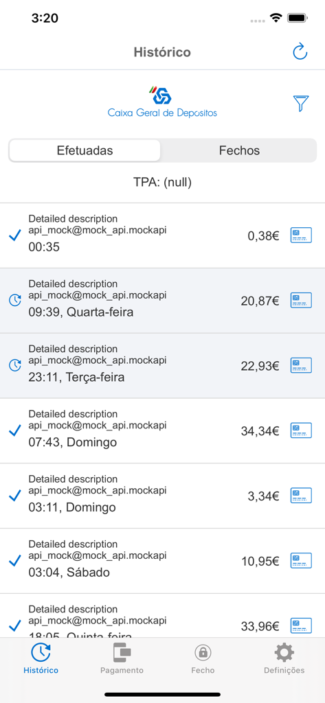 A list of completed and pending payment transactions within the App Caixa Pay history screen