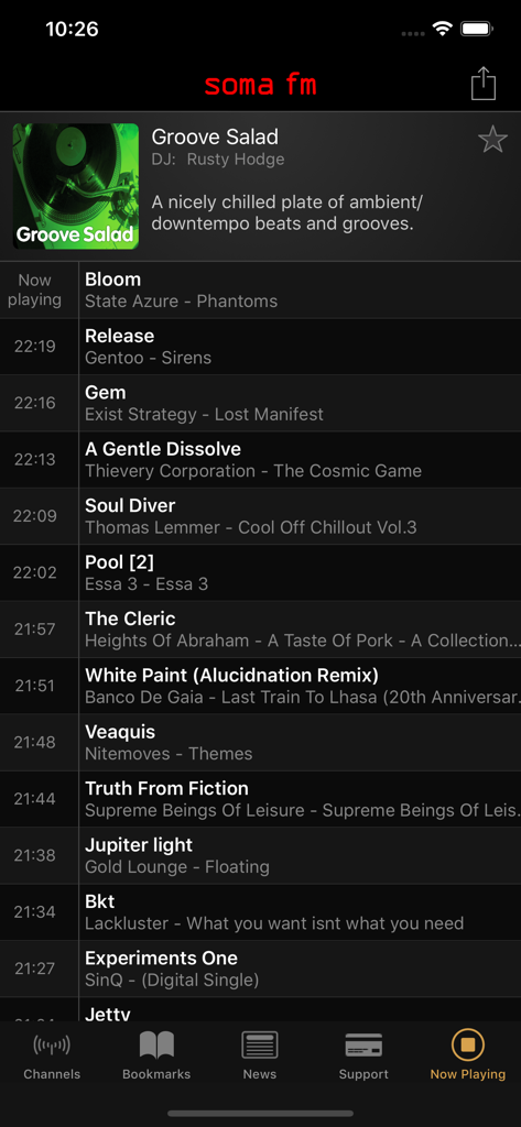 SomaFM Radio Player app Now Playing screen for Groove Salad station showing a list of recently played songs