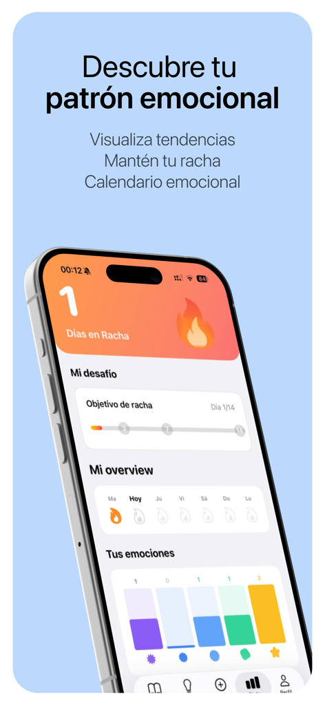 Lumi - Diario Emocional - Panel de la aplicación Lumi que muestra tendencias emocionales y rachas diarias en una pantalla de iPhone.