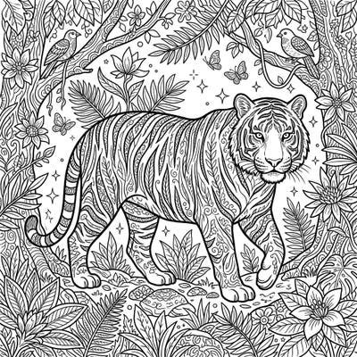 Immerse yourself in the wild with this stunning coloring template featuring a majestic tiger amidst a lush, intricately detailed jungle. Perfect for those who love wildlife and seek a challenging yet relaxing artistic escape.