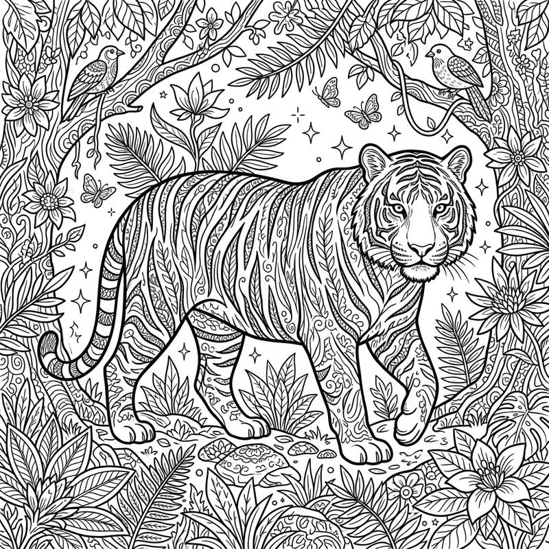 Immerse yourself in the wild with this stunning coloring template featuring a majestic tiger amidst a lush, intricately detailed jungle. Perfect for those who love wildlife and seek a challenging yet relaxing artistic escape.