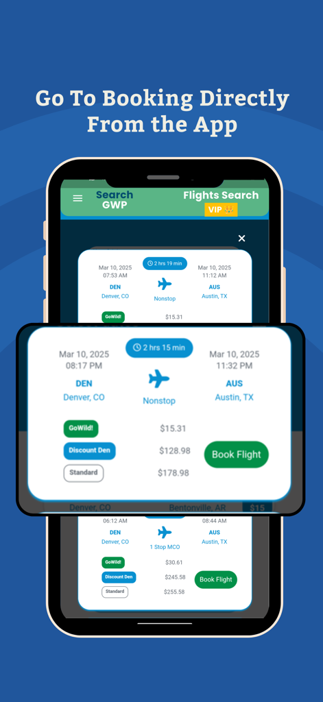 SearchGWP Go Wild Pass Flights - Suchergebnisse der SearchGWP App mit Flugsuchergebnissen und einem direkten Buchungsbutton