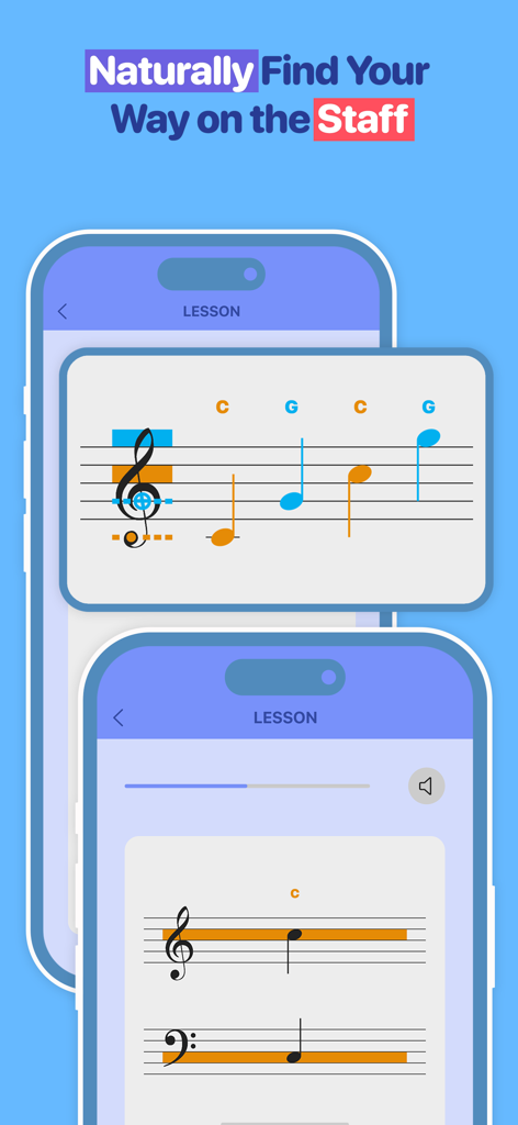 Notaforte: Sight Reading Tutor - Notaforte app interface showing visual lessons for reading music notes on the treble and bass clef staffs.