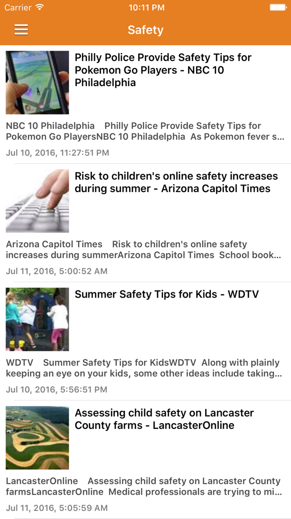 Parenting safety news section with articles about child online safety and summer tips