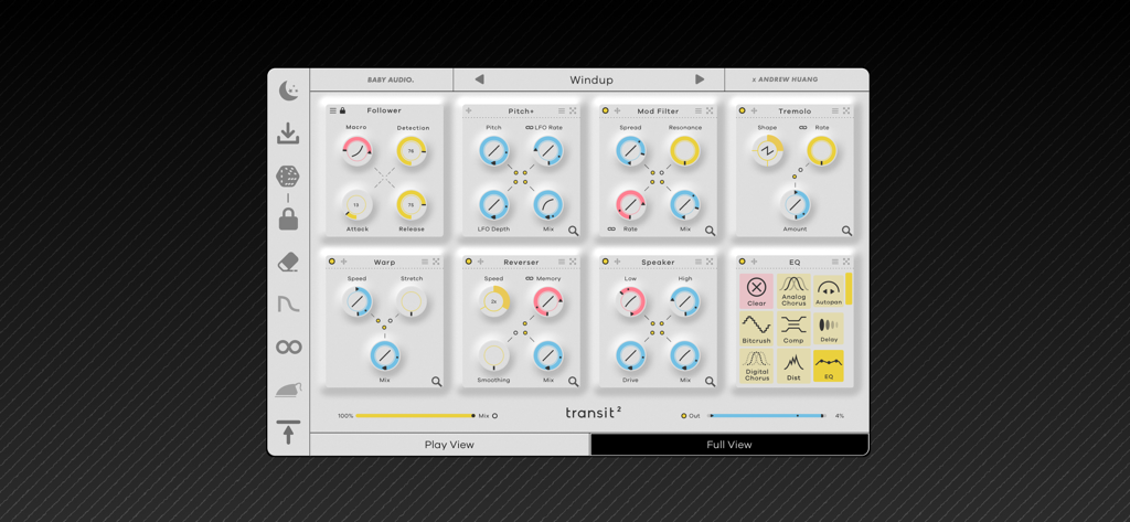 Transit 2 - Baby Audio - Interface de l'application Transit 2 Baby Audio montrant plusieurs modules d'effets, y compris Pitch Plus Mod Filter et EQ en vue complète