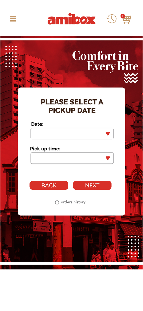 Ami App - Ami App interface for selecting a pickup date and time for food orders