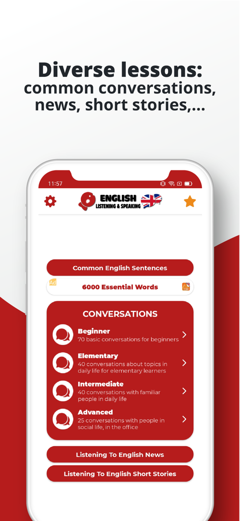 English ー Listening・Speaking - Interfaz de aplicación de aprendizaje de inglés que muestra categorías de conversación para niveles principiante, elemental, intermedio y avanzado