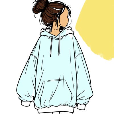 realistic girl with a oversized sweatshirt on and a bun