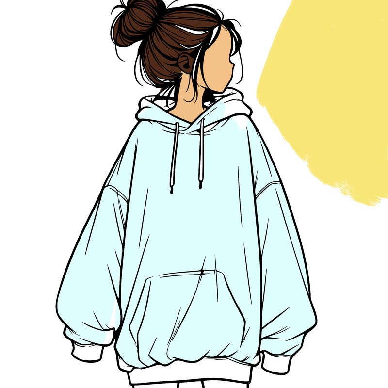 realistic girl with a oversized sweatshirt on and a bun