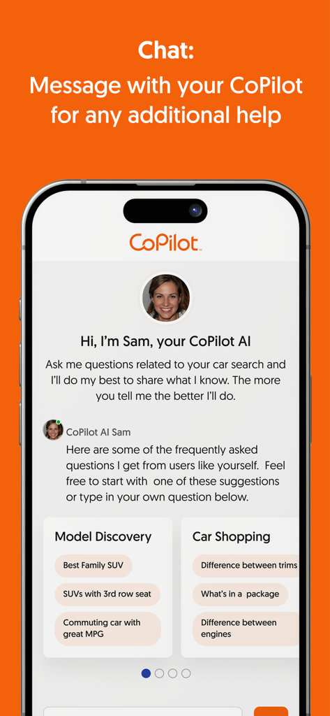 CoPilot app chat interface featuring Sam, an AI assistant providing car discovery and shopping suggestions