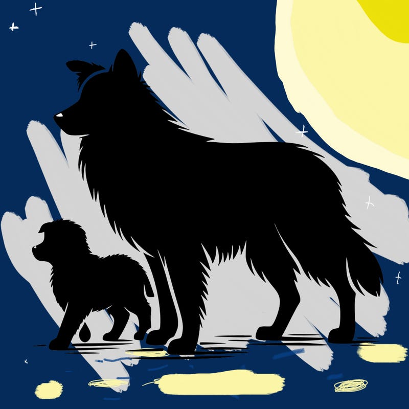 silhouette of a shepherd with his still and baby dog