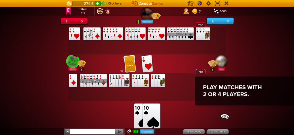 Online Canasta gameplay showing a match with two or four players