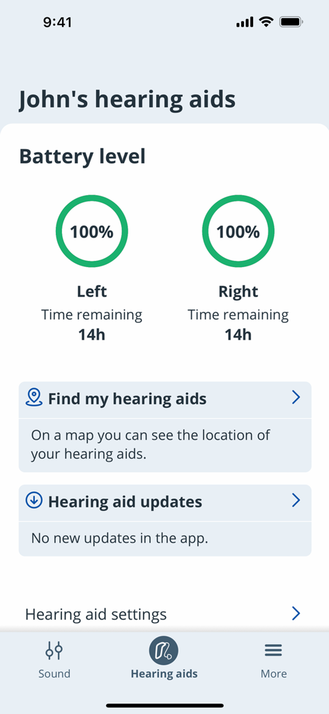 KINDconnect - KINDconnect App-Oberfläche mit Anzeige des Prozentsatzes der Akkuladung für Hörgeräte und Standortermittlungsdiensten