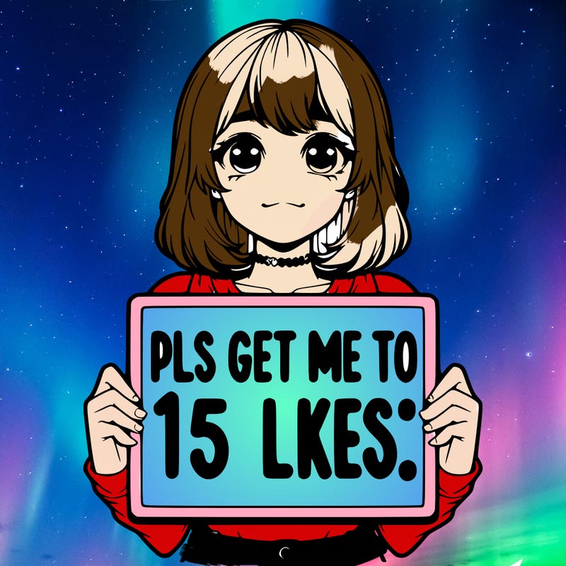 realistic girl holding up a sign that says “pls get me to 15 likes!”