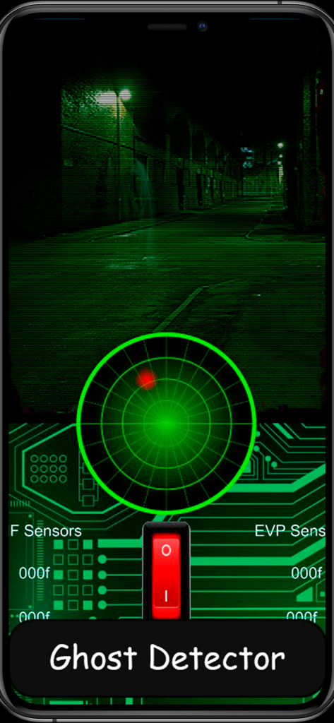 Ghost detector spirit hunter - Ghost detector app interface with night vision view and green circular radar showing a paranormal detection