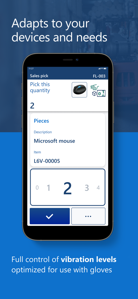 Microsoft Warehouse Management - Interfaz móvil de Microsoft Warehouse Management mostrando una pantalla de picking de ventas con grandes objetivos táctiles y foto del producto