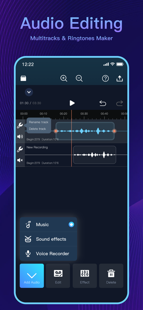 Audio Editor - AI Music Editor - Mobile app interface for multitrack audio editing and ringtone creation