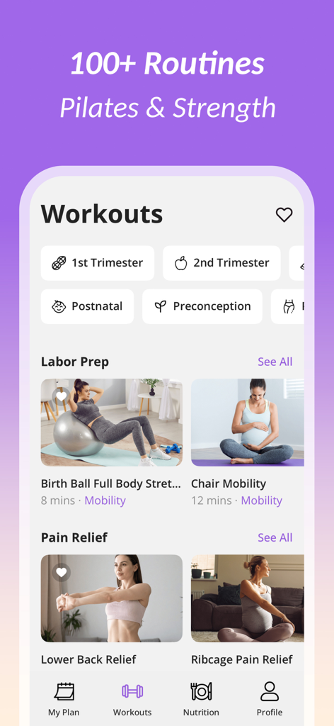 FitMama: Pregnancy Workout - Interfaz de la app FitMama mostrando rutinas de ejercicios prenatales y postnatales para preparación al parto y alivio del dolor