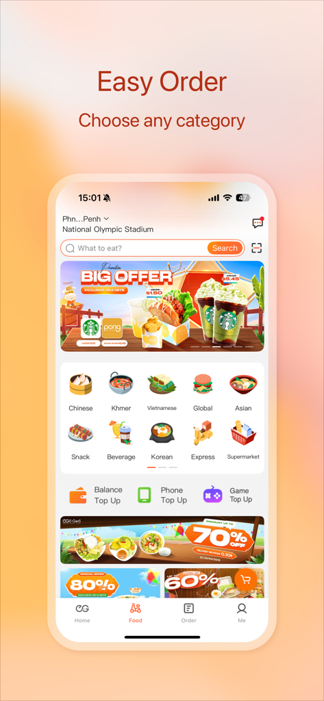 E-GetS App-Oberfläche für Essenslieferungen mit Kategorien für chinesische, Khmer-, vietnamesische und koreanische Küchen mit großen Angebotsbannern