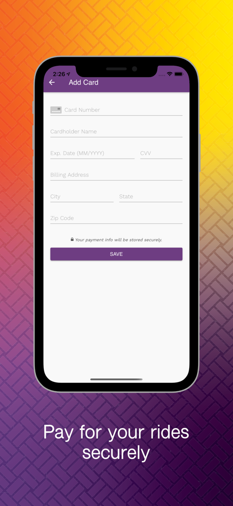 holoholo Mobility - Secure payment card entry screen for holoholo Mobility app rideshare service