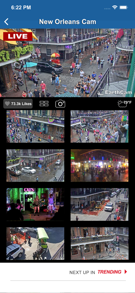 EarthCam mobile app showing a live HD stream of Bourbon Street in New Orleans with multiple camera angle previews.