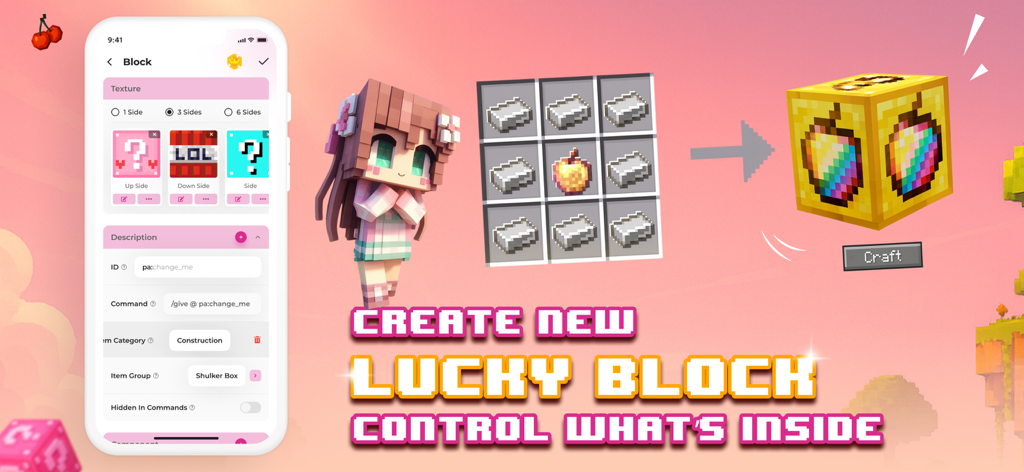 Interfaz de aplicación móvil que muestra cómo crear y personalizar un bloque de la suerte para Minecraft con una receta de elaboración.