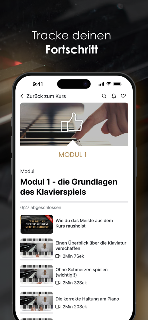 Zapiano app interface showing a list of piano lesson modules and progress tracking