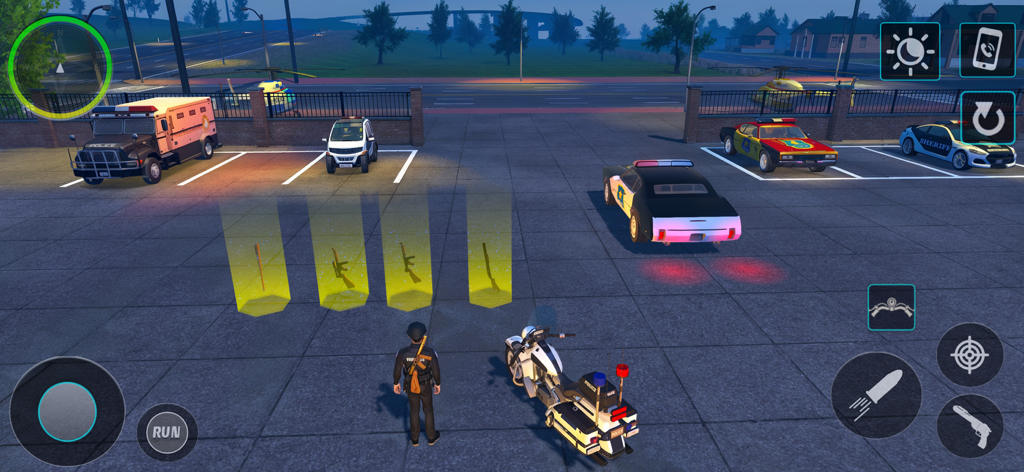Police Duty Cop Simulator Game - A police officer standing in a parking lot with various law enforcement vehicles including cruisers and a motorcycle